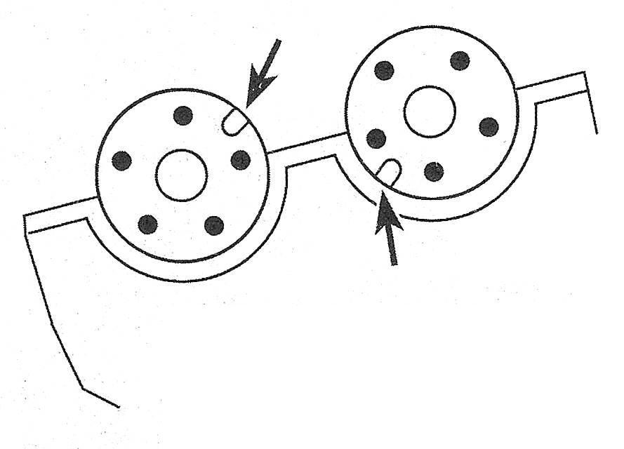 Ford Edge V6 engines_Camshafts and tappets/roller followers and lash adjusters - removal, inspection and installation_When installing the rear (right) side cylinder head camshafts, position the D-slot pins like this - 2.7L engine