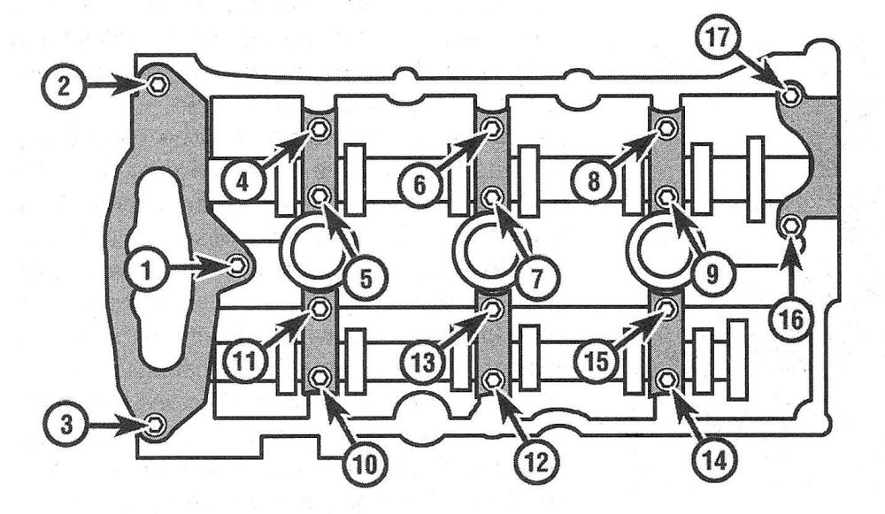 Ford Edge V6 engines_Camshafts and tappets/roller followers and lash adjusters - removal, inspection and installation_Front (left) camshaft bearing cap tightening sequence 2.7L engine