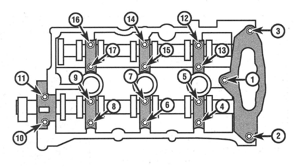 Ford Edge V6 engines_Camshafts and tappets/roller followers and lash adjusters - removal, inspection and installation_Rear (right) camshaft bearing cap tightening sequence -2.7L engine