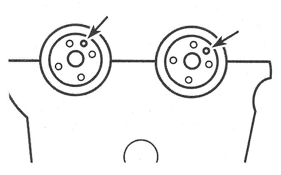 Ford Edge V6 engines_Camshafts and tappets/roller followers and lash adjusters - removal, inspection and installation_When installing the rear (right) bank cylinder head camshafts, position the dowel pins like this - 2011 and later models