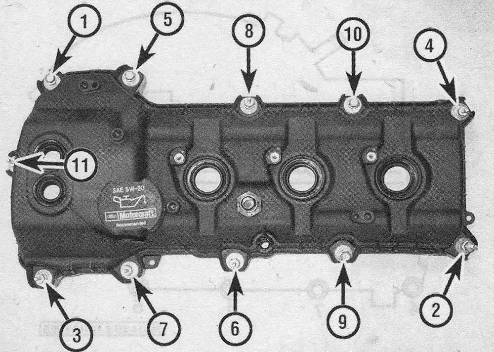 Ford Edge V6 engines_Valve covers - removal and installation_Valve cover bolt tightening sequence - 3.5L engines ( left side shown, right side similar)